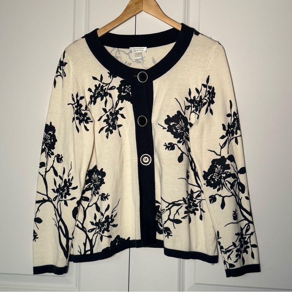 Christopher Banks Vintage Floral Blue and White Women's Sweater
